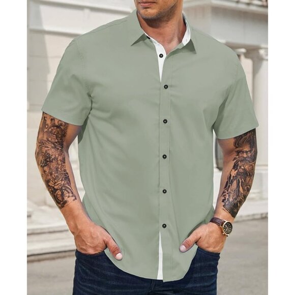 Men's 2 Green Casual Button Down Wrinkle-Free Short Sleeve Business Dress Shirt - Picture 2 of 9